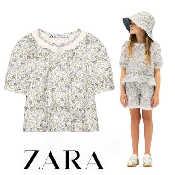 ZARA Kids | Green/Blue | RUFFLED FLORAL SHIRT LIMITED EDITION - Picture 1 of 8